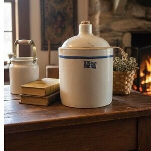 Antique Blue Band Stoneware Whiskey Jug Cobalt Blue Band Primitive Pottery 1 Gal